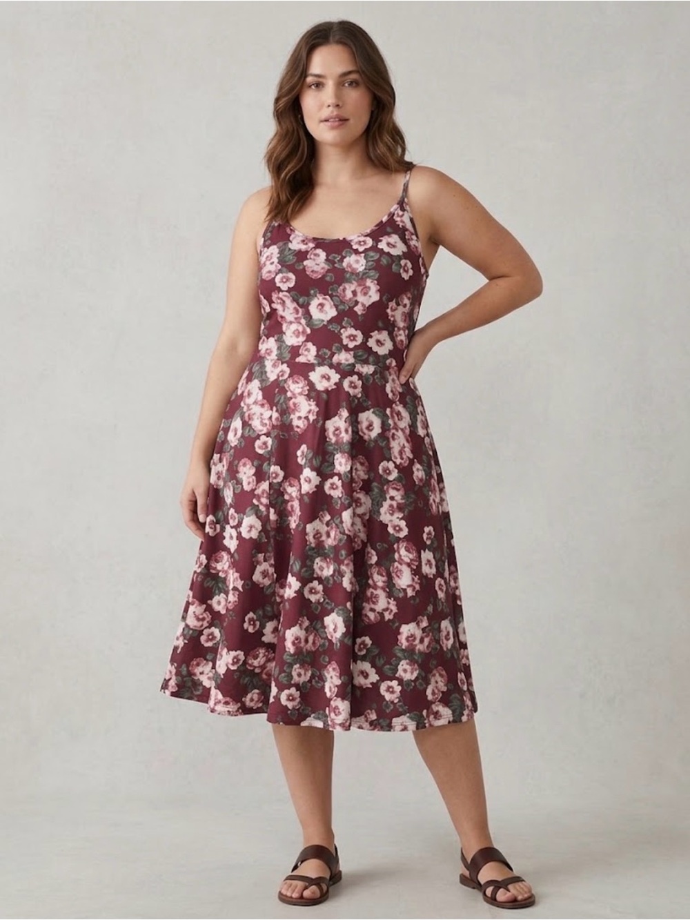 Floral Scoop-Neck Midi Dress in Burgundy Pink
